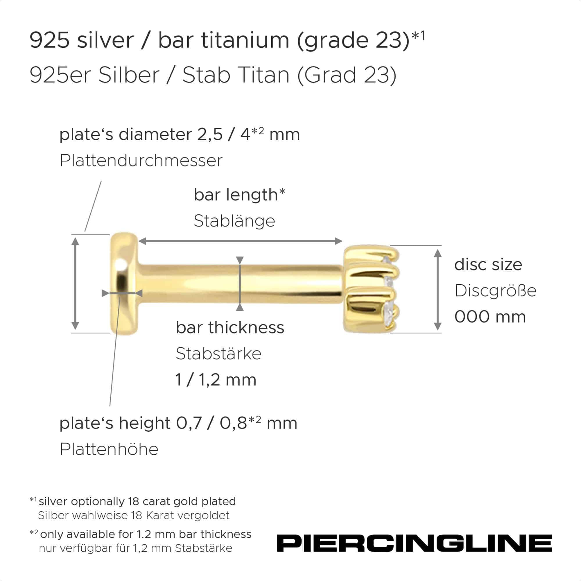 PIERCINGLINE Piercing Stecker Titan Labret mit Innengewinde + 925er Silber Aufsatz MOISSANIT-BOGEN - Goldfarben, Silberfarben