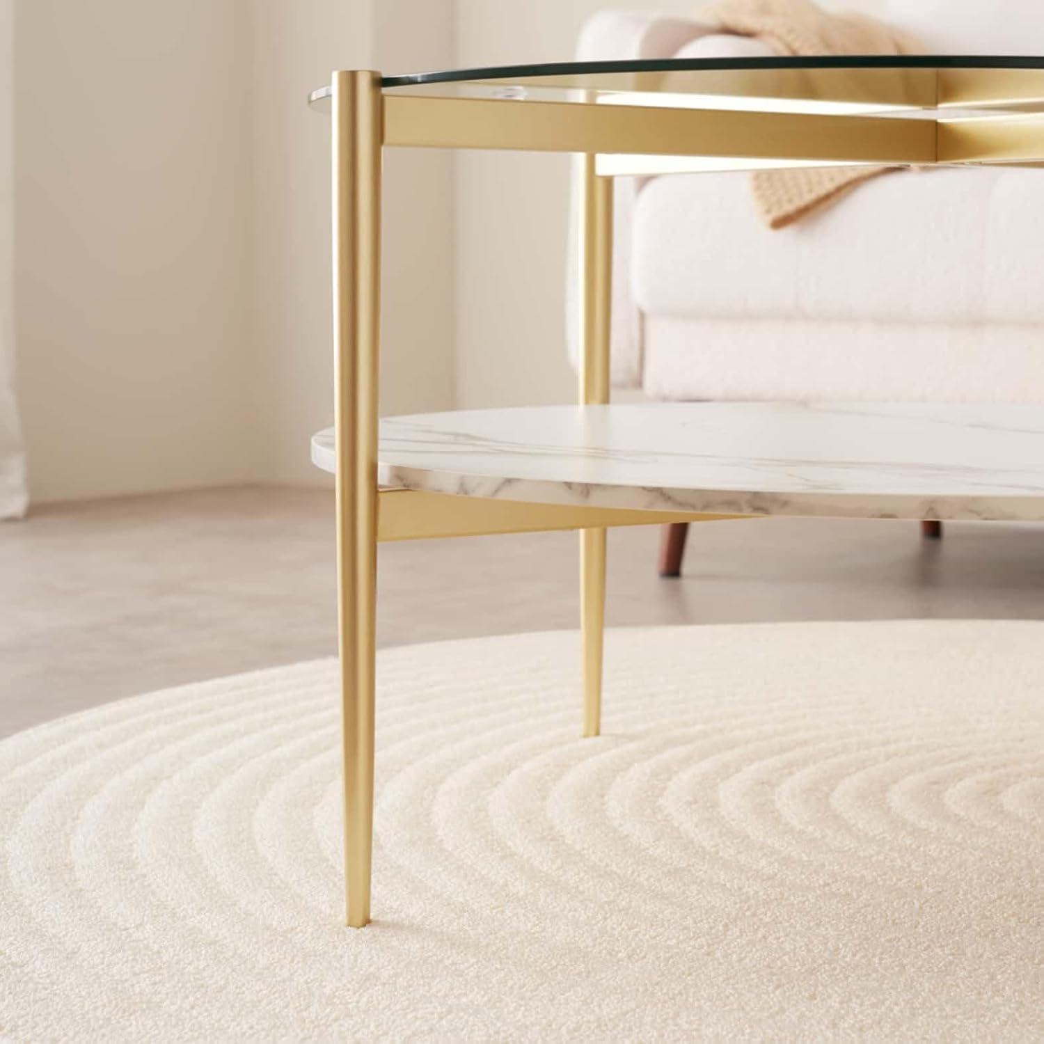 LumFurn Round Coffee Table for Living Room, Mid-Century Modern Design, D30 x H17, 2-Tier Structure, Clear Glass Top and White Marble Finish Wood Shelf, Sleek Conical Metal Legs with Gold Finish Frame