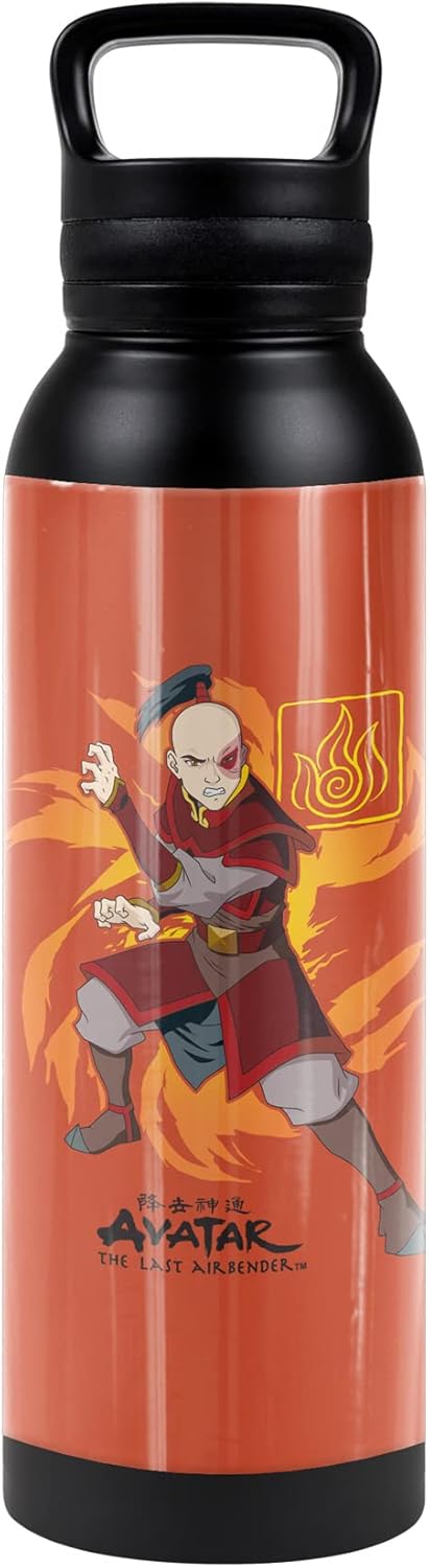 Avatar The Last Airbender OFFICIAL Zuko Flame Burst 24 oz Insulated Canteen Water Bottle, Leak Resistant, Vacuum Insulated Stainless Steel with Loop Cap