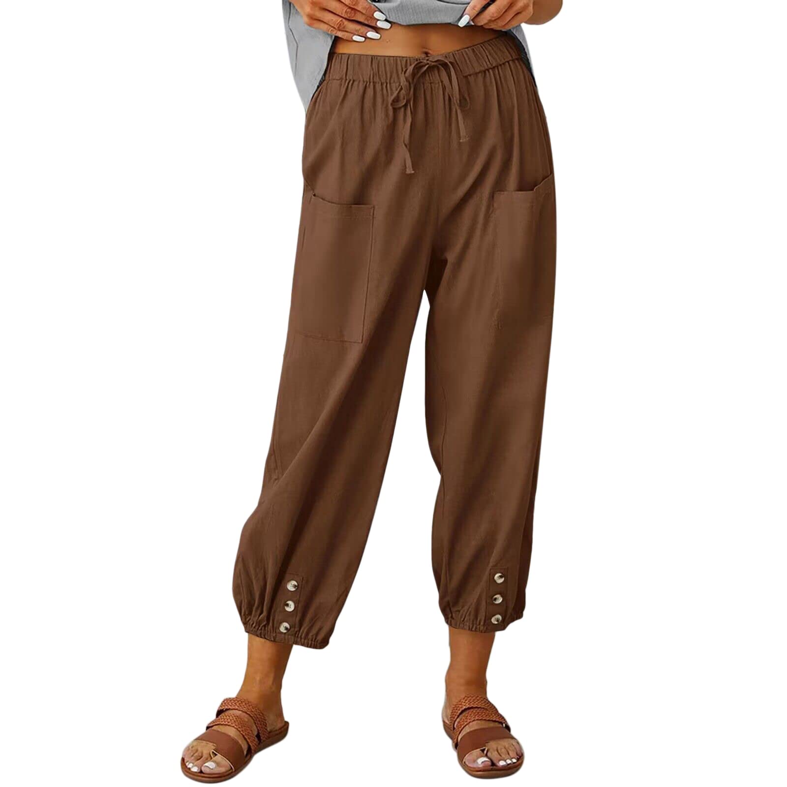 Women's Capri Pants High Waist Drawstring Cinch Bottom with Button Cotton Loose Casual Trouser with Pockets
