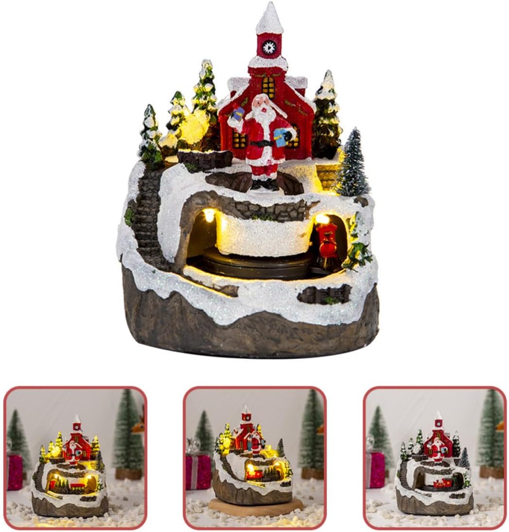 VICASKY Lighted Resin Christmas Village House Figurine with Music and USB Charging, Rustic Tabletop Decor for Christmas Mantel, Traditional Light up Holiday Decoration