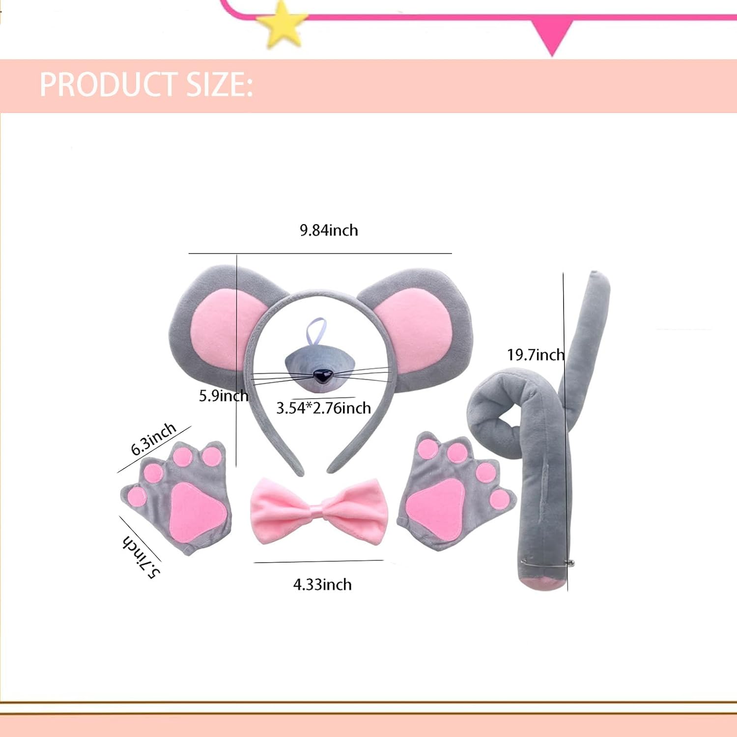 Mouse Costume Set Mouse Ears Headband Nose Gloves Tail Bow Tie Fancy Gray Animal Accessory Kit Cosplay Costume for Halloween Carnival Dress up Theme Party - Image 5