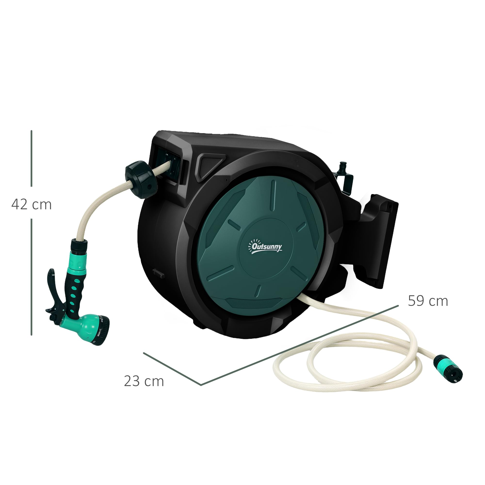 Outsunny Avvolgitubo da Giardino Retrattile con Tubo dell'Acqua 30+2 m, Avvolgitubo da Parete & da Manico, Girevole a 180°, con Blocco e 7 Modalità di Spruzzo per Irrigazione in PP, Nero