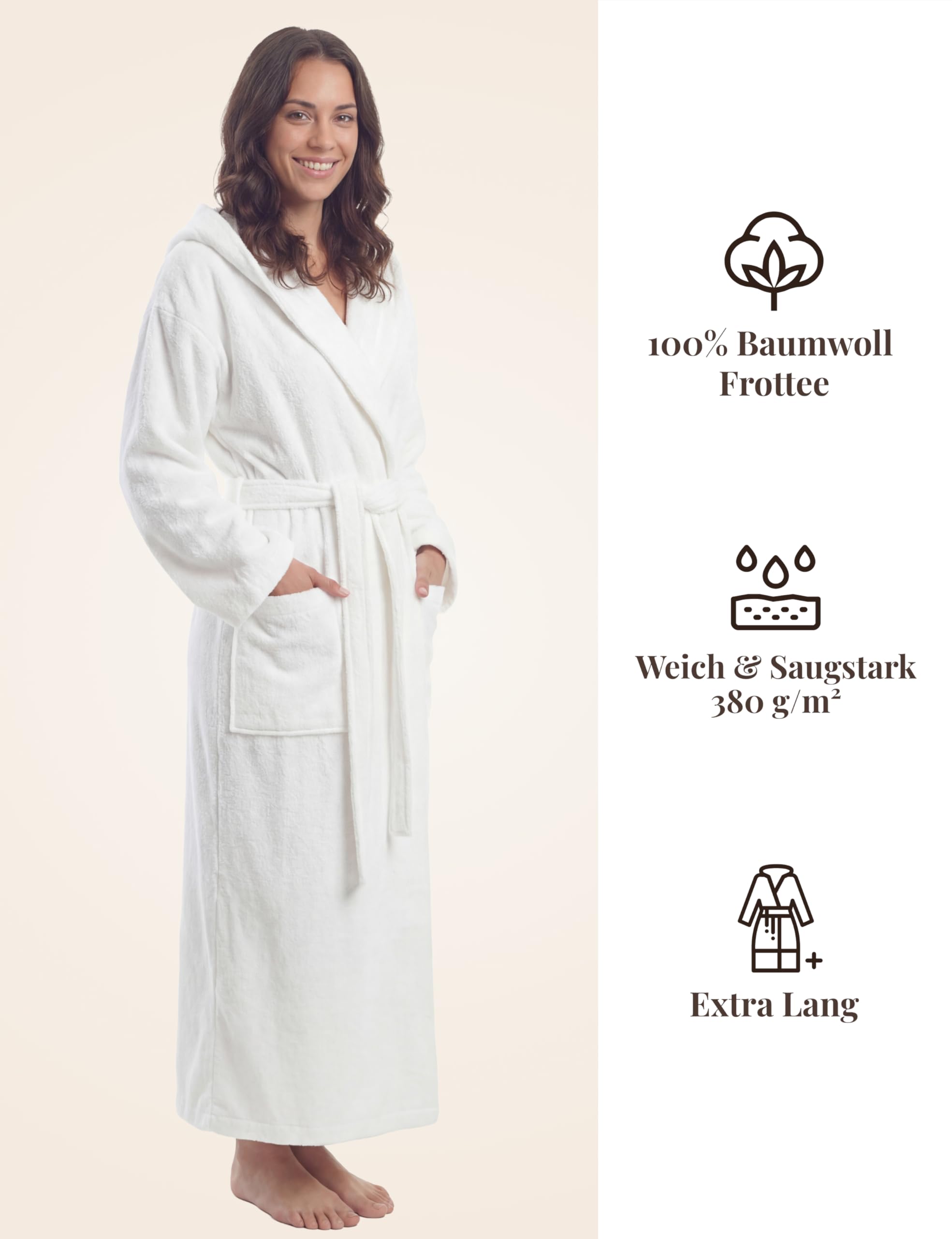 Bademantel Damen Extra Lang mit Kapuze – 100% Baumwolle Frottee 380 g/m² – Saunamantel Damen Lang, Morgenmantel, Hausmantel, knöchellang, dick, flauschig, XS-XXL