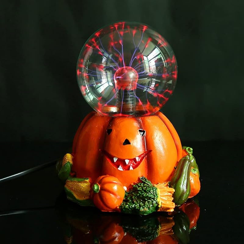 Resin Creative Pumpkin Witch Magic Ball Glass Lightning Plasma Ball Touch Sensitive Night Light Lamp Novelty Toy for Parties,Kids,Bedroom,Home,and Gifts (E)