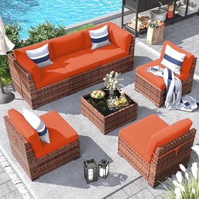 Poteban Patio Furniture Set, 7 Pieces Outdoor Modular Conversation Set Wicker Sectional Sofa for All Weather Rattan Patio Couch for Porch Garden Backyard Balcony Poolside (Orange)
