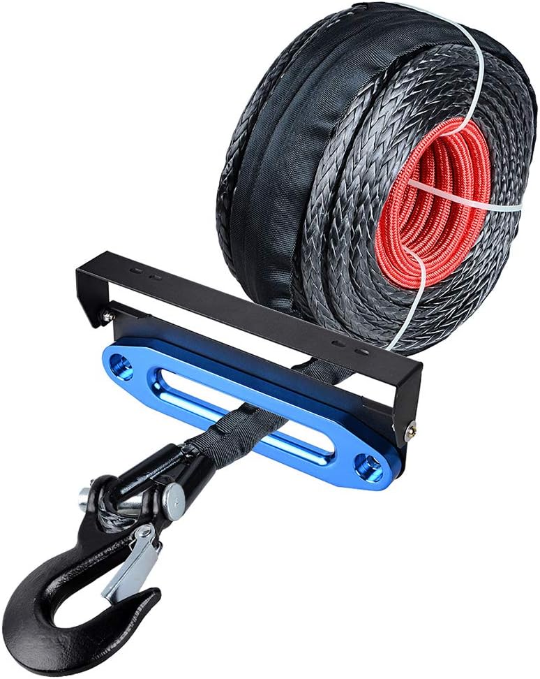 amopacorp 10" Blue Hawse Fairlead CNC Machine Aluminum and 92 feet 1/2 inch Synthetic Winch Rope with Hook and Flip-Up License Plate Holder 4 Mounting Hole 254mm Mounted Flat-Link