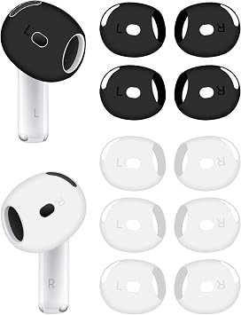 A-Focus [ Fit in Case ] Ear Tips Compatible with AirPods 4 Replacement Ultra Thin Add Grip Tips Anti Slip/Scratch Eartips Earbuds Cover Skin Accessories for new AirPod 4 White Black 5 Pairs