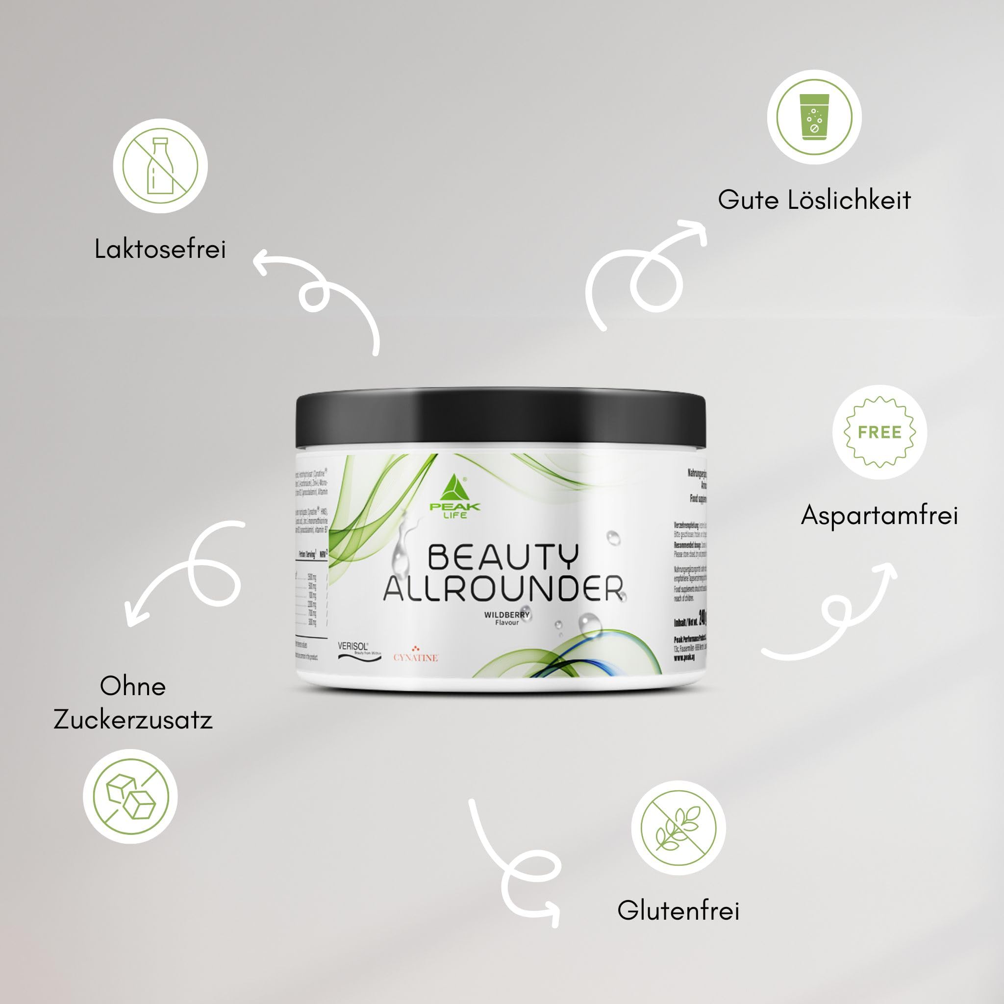 PEAK Beauty Allrounder - 240g Geschmack White Tea Peach I 30 Portionen I Haut Haare Nägel Komplex mit Kollagen (VERISOL®), Keratin (Cynatine® HNS), Hyaluronsäure und Biotin. Mit Vitaminen.