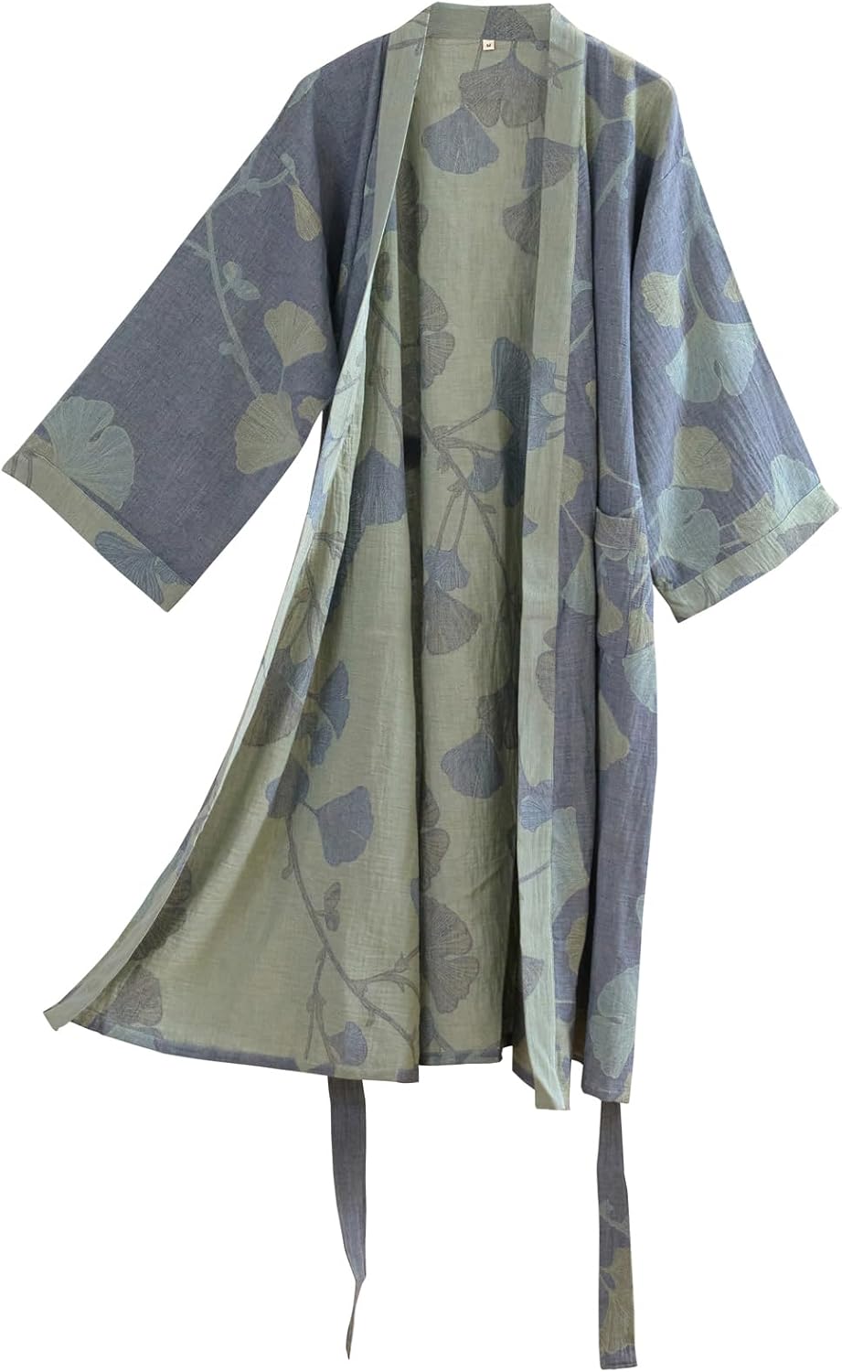 Purefair 100% Cotton Gauze Ginkgo Leaf Kimono Robe, Long Knit Loose Bathrobe Nightgown Ladies Loungewear Sleepwear for Women