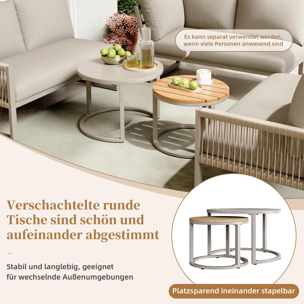 Juego de muebles de jardín para 6-7 personas, sofá esquinero con estructura de hierro galvanizado, patas ajustables, incluye todos los cojines de asiento y respaldo, color beige