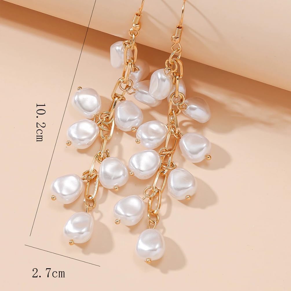 Boho Long Tassel Delicate Beaded Pearl Dangle Drop Earrings for Women, Vintage White Bead Baroque Pearls Cluster Earring Unique Prom Party Jewelry Gift - Image 2