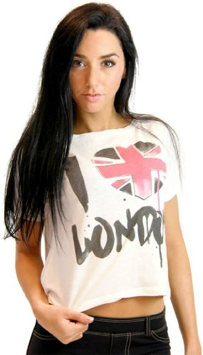 I Love London Heart Brit Drip Boxy Crew Cream Crop Top (Juniors Large)