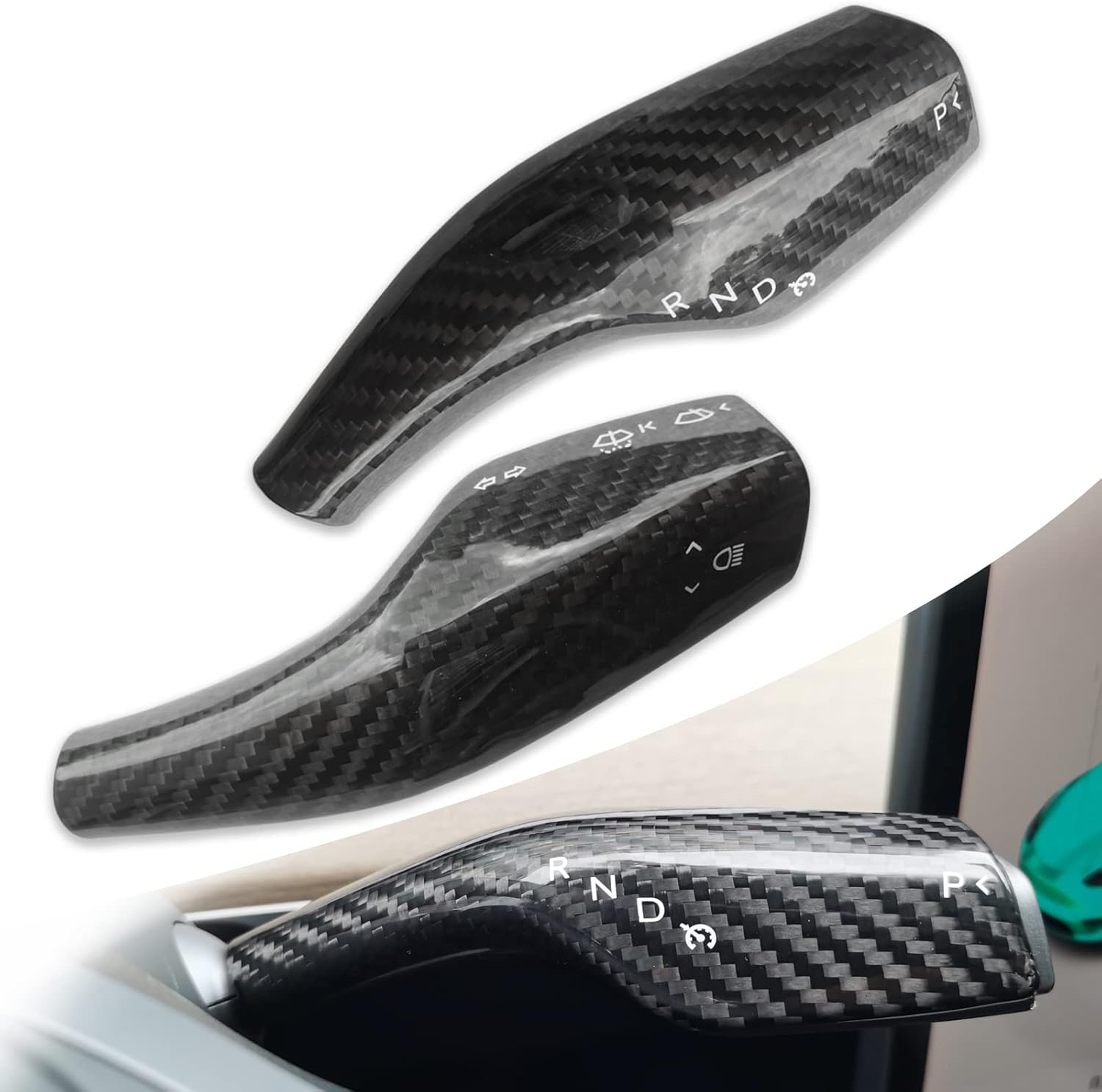 Carbar Column Gear Shift Cover for Tesla Model Y Model 3 Real Carbon Fiber Steering Wheel Lever Cover Model 3 Gear Lever Decoration Accessories (2Pcs Glossy Carbon Fiber)
