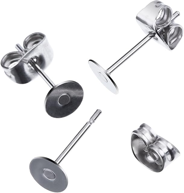 200 Pairs (400 Pieces) Stainless Steel Earrings Posts Flat Pad with Butterfly Earring Backs for Earring Making Findings (Silver)