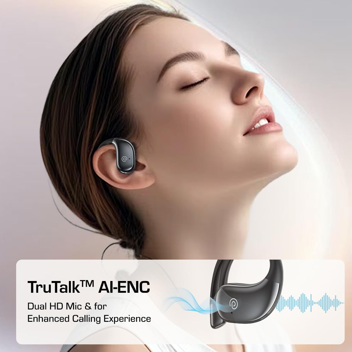 Person using pTron Bassbuds Trendz with TruTalk AI-ENC for enhanced calling experience