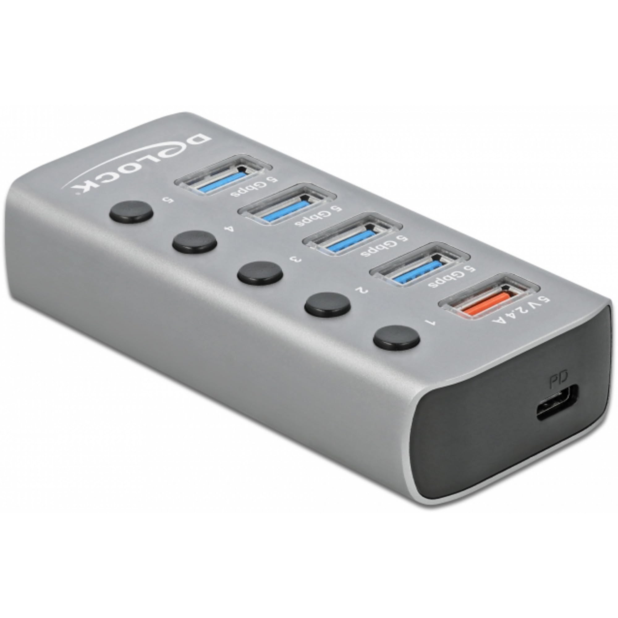 Delock USB 3.2 Gen 1 Hub mit 4 Ports + 1 Schnellladeport + 1 USB-C PD 3.0 Port 63263