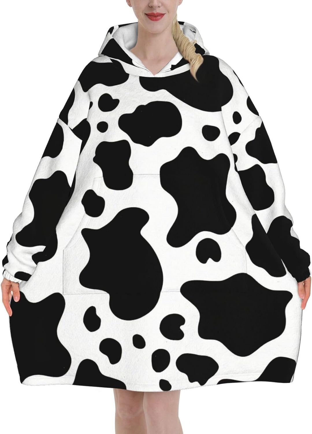 MUSM Black And White Cow Print Blanket Hoodie Fleece Sweatshirt Blanket With Sleeves And Pockets