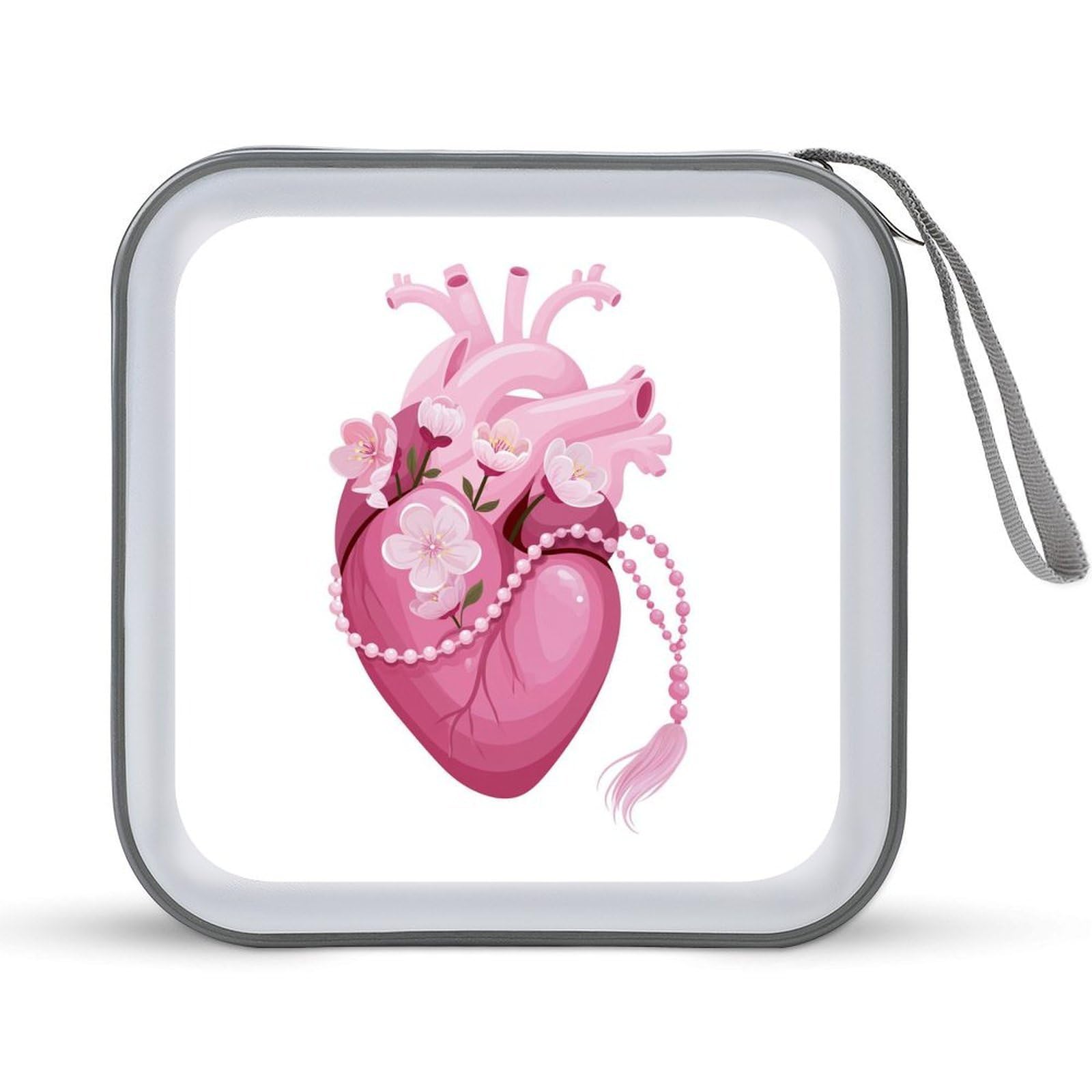Jubonexis Pink Anatomical Heart with Flowers CD Case DVD Storage Case Portable for Car Home Travel
