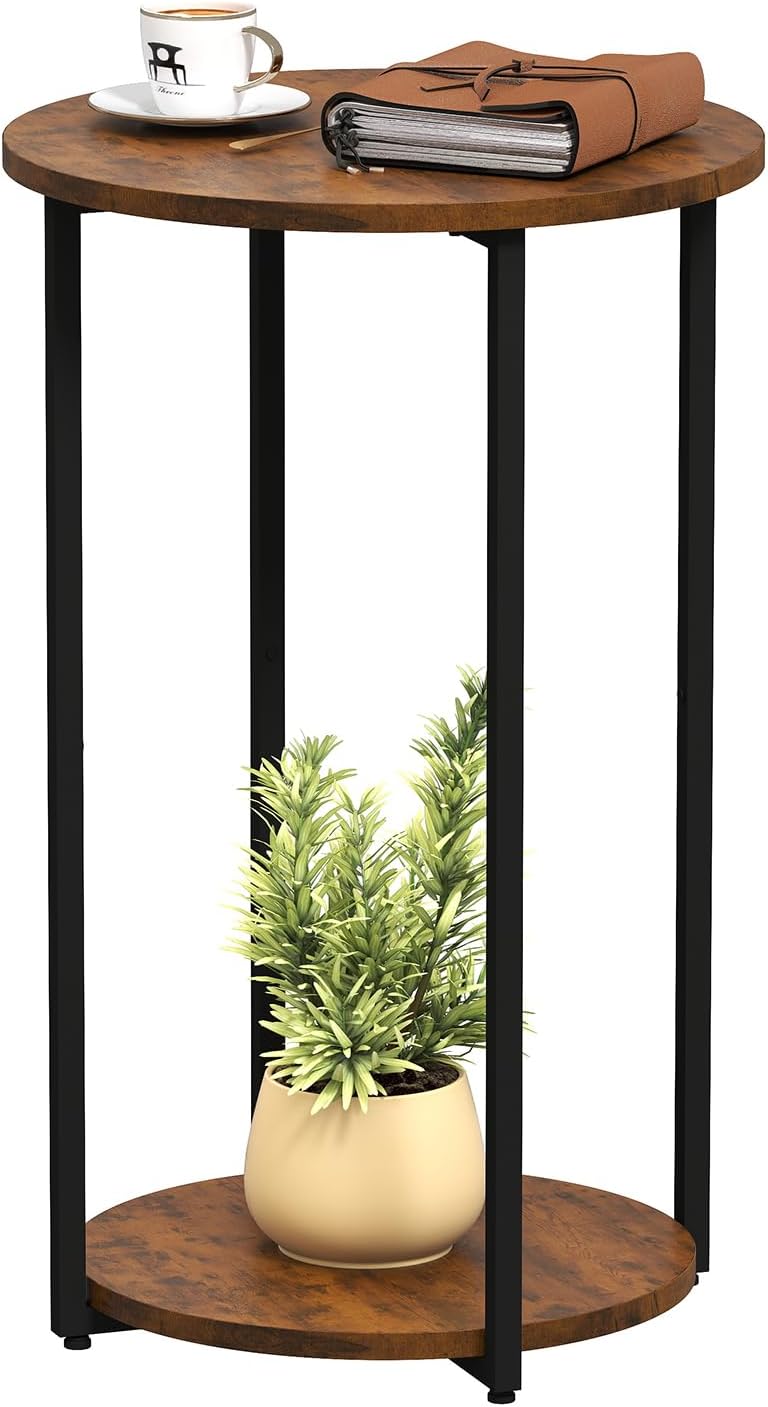 Round Side Table, Small End Table with Storage Shelf, Circle Table for Living Room, Bedroom and Small Spaces, Metal Frame, Greige