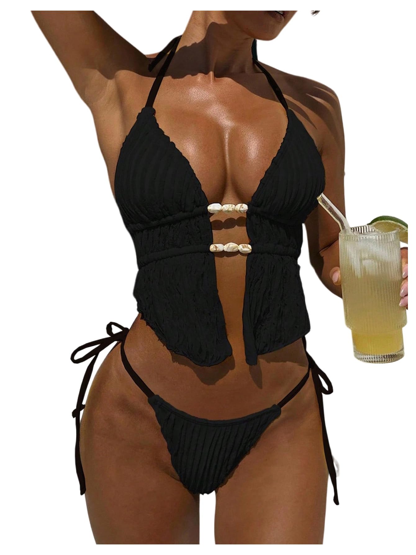 RoseSeek Women's 2 Piece Boho Polka Dots Beaded Bikini Sets Sexy Swimsuits