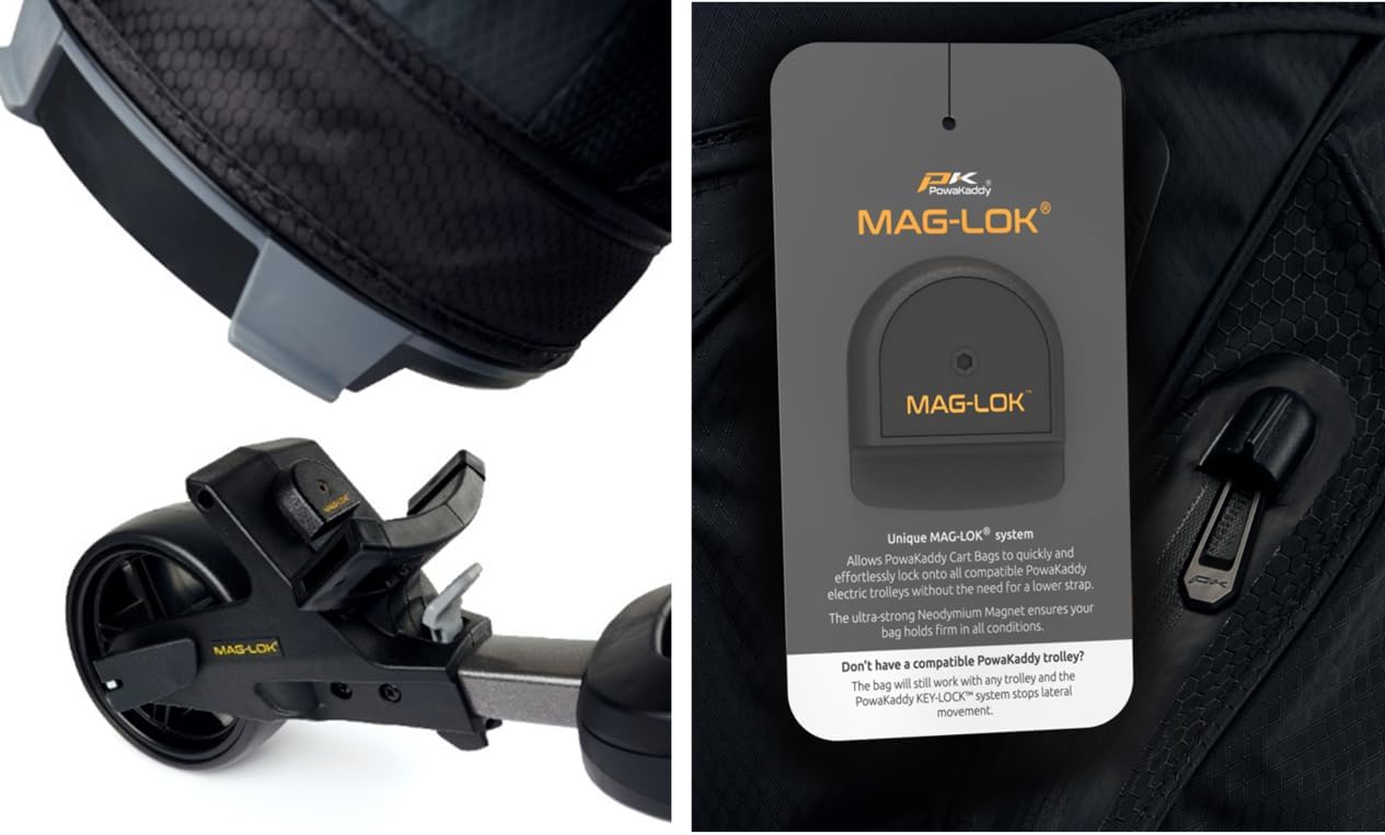 Close-up of PowaKaddy MAG-LOK bag attachment system
