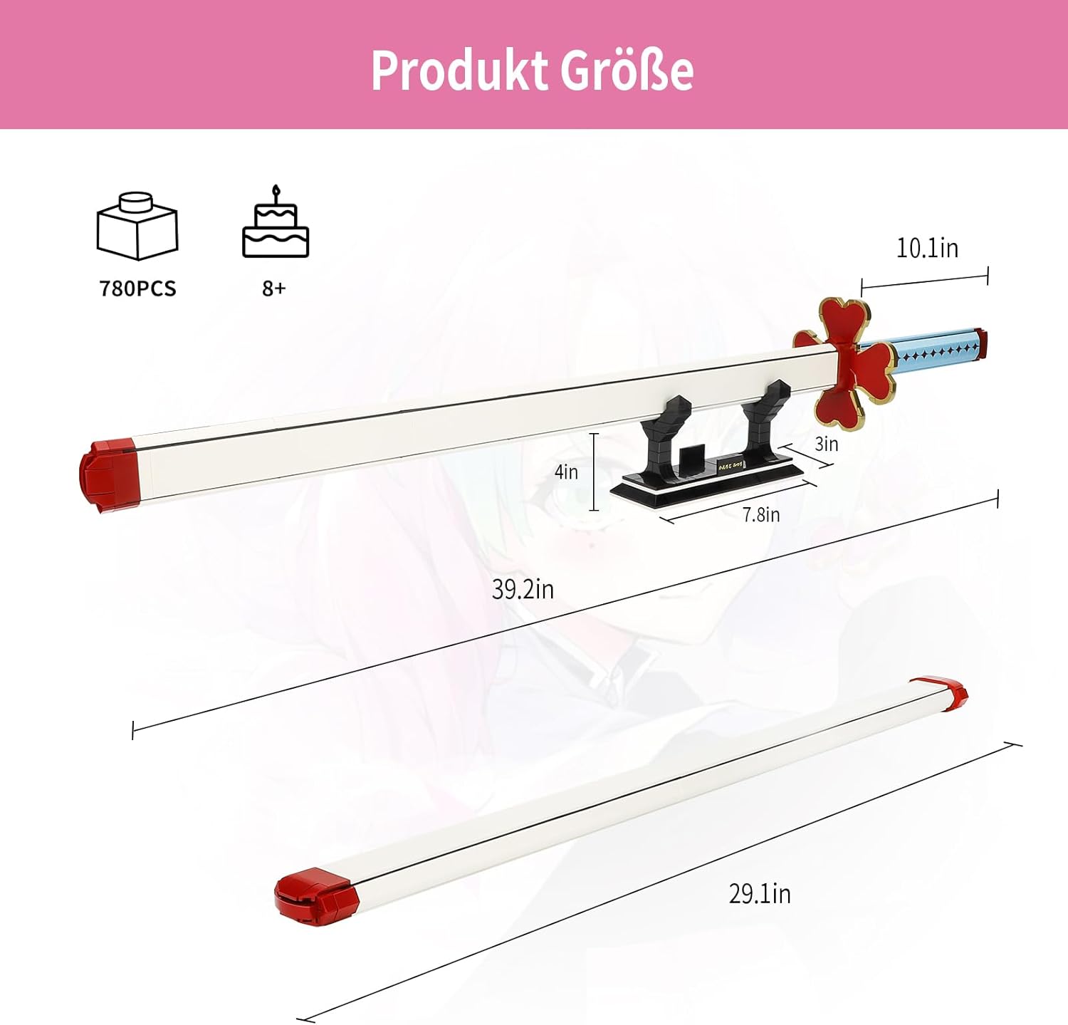 Diagram showing the dimensions of the assembled Kanroji Mitsuri Demon Sword and scabbard