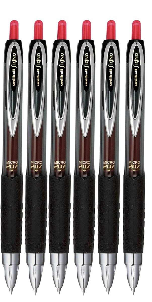 Uni-ball Signo 207 Roller Ball Retractable Gel Pens, Micro Point (0.5mm), Red Ink, 12 Count