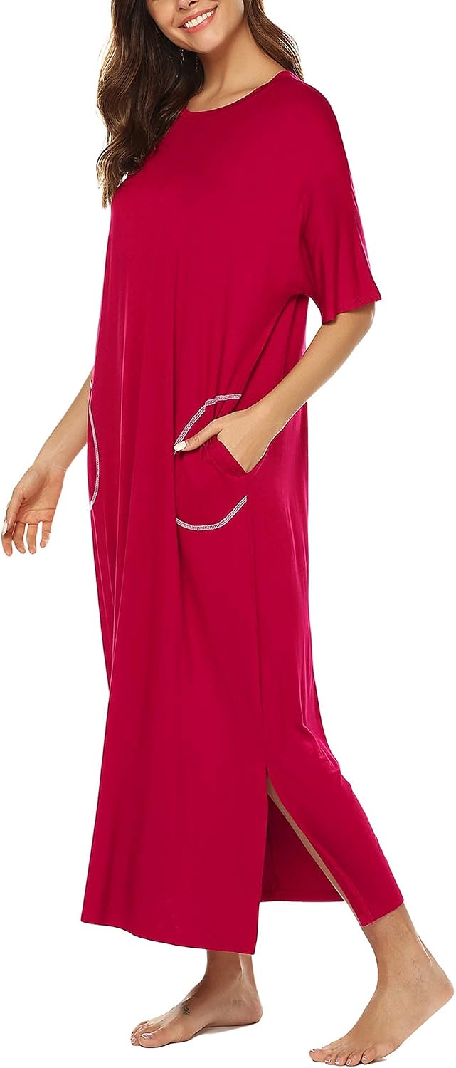 Chemise De Nuit Longue Femme BESDEL - Manches Courtes, Poches - 95% Rayonne - Confortable Et Élégante