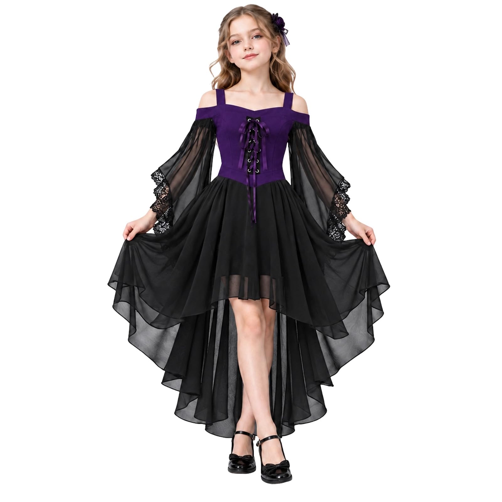 Girls Vampire Costume 7-12 Years, Halloween Vampire Lace Dress for Girls