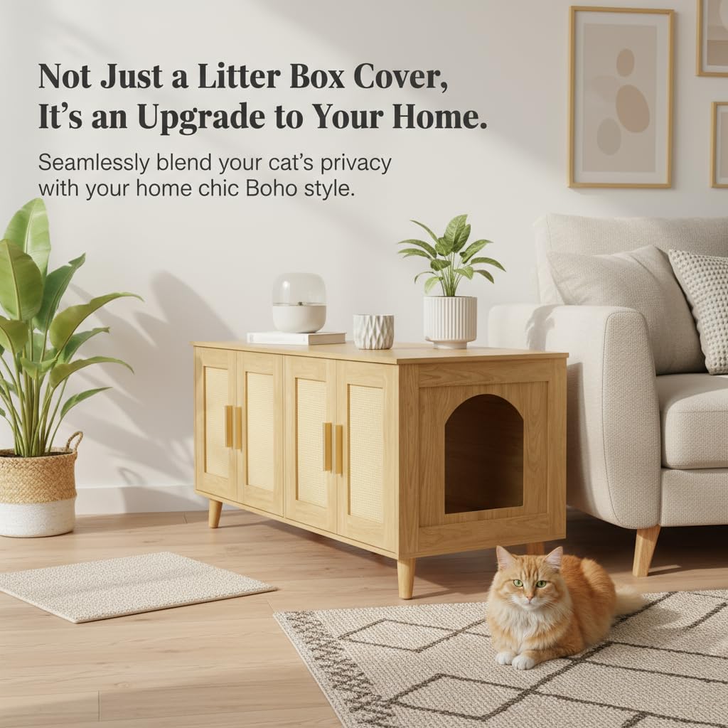 Homhedy Boho Cat Litter Box Enclosure for 2 Cats, Wooden Cat Washroom Furniture with Double Rattan Decorated Doors, Pet House,47.2”L x 19.7”W x 21.7”H, Natural