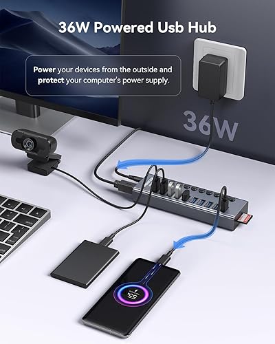 Miniatura 4 de WENTER Hub USB 3.0 alimentado con lector de tarjetas SDTF, concentrador USB de aluminio de 10 puertos (9 puertos USB 3.0 de transferencia de datos y