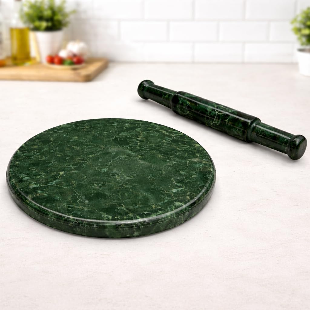 Green Marble Chakla Belan Set – Natural Stone 11 inch Rolling Pin & Round Rolling Board for Roti, Chapati, Tortilla & Pizza Dough – Heavy Duty Non-Stick Marble Dough Rolling Set-image-44