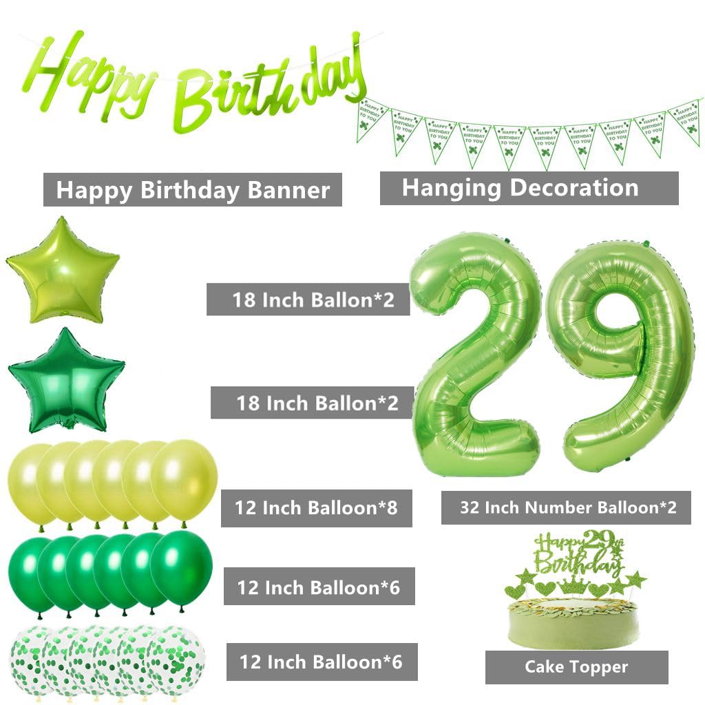 Set Di Palloncini Per 29° Compleanno - 2 Numeri 3XL Verde 100cm, Ghirlanda Happy Birthday, Banner E Nastro - Decorazione Compleanno Uomo Donna - 2
