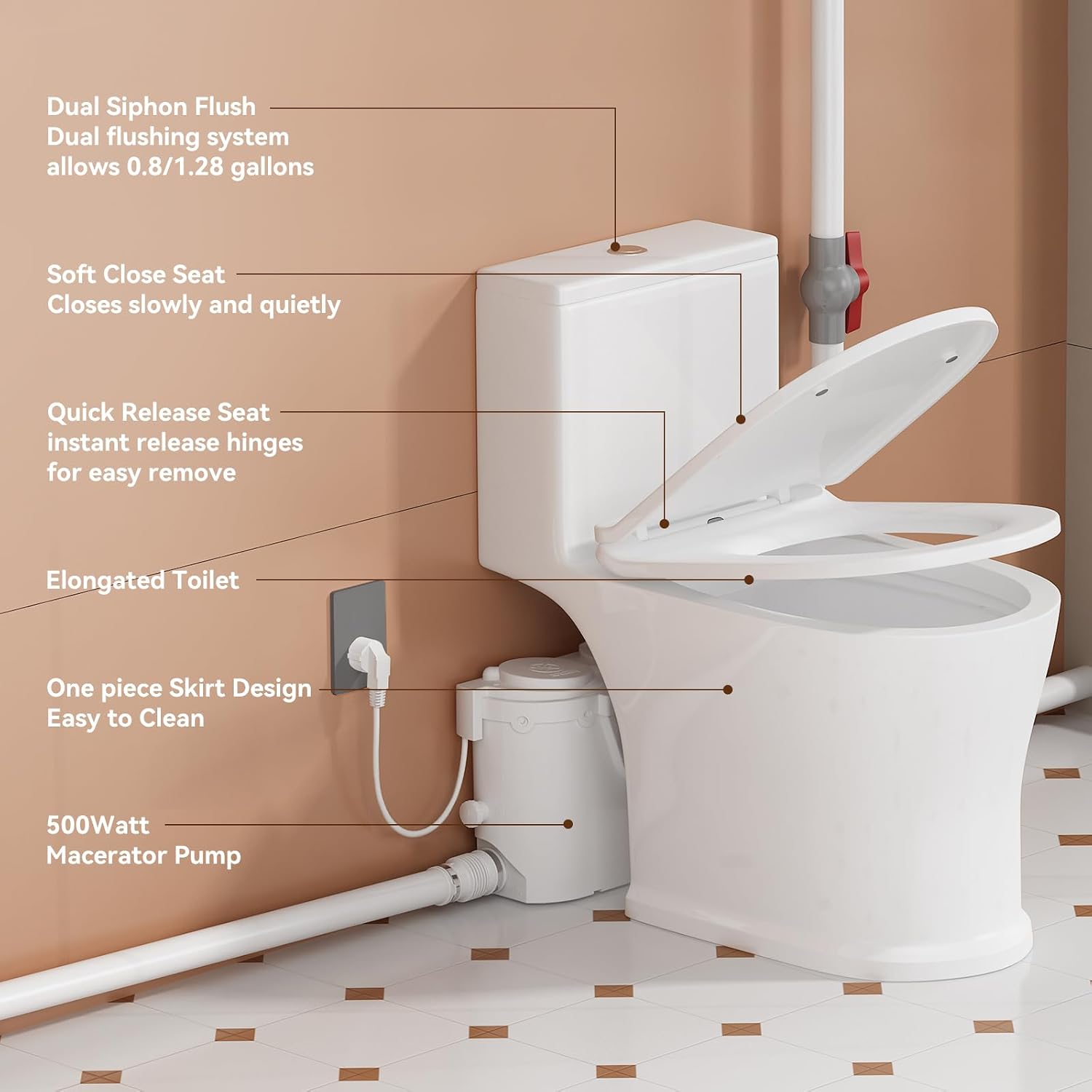 500MAX Upflush Toilet with Pump for Basement, 23ft Macerator Pump with 4 Inlets for Sink/Shower/Laundry Sewer Waste Water Disposal, One Piece Full Skirt Macerating Toilet, Nano-glaze Finished