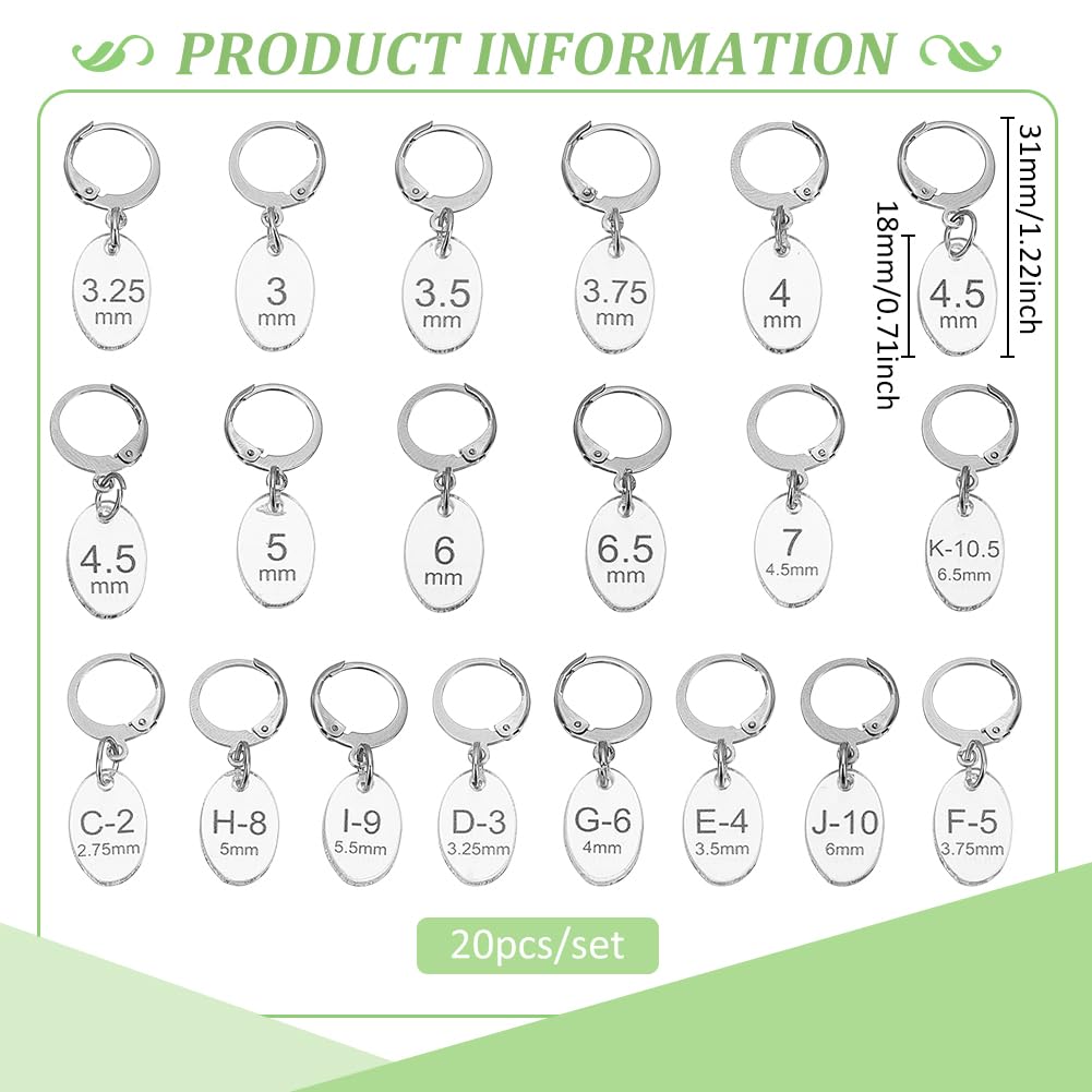 BENECREAT 20pcs Oval Number Stitch Markers, Clear Acrylic, Stainless Steel Clasps, Locking, Knitting, Crocheting, DIY Crafts Accessories