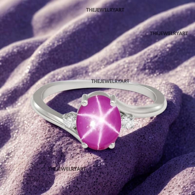 925 Sterling Silver Engagement Ring – Dainty Pink 6-Ray Star Ruby Ring Elegant Star Design Gems Handmade Jewelry Gift for Her