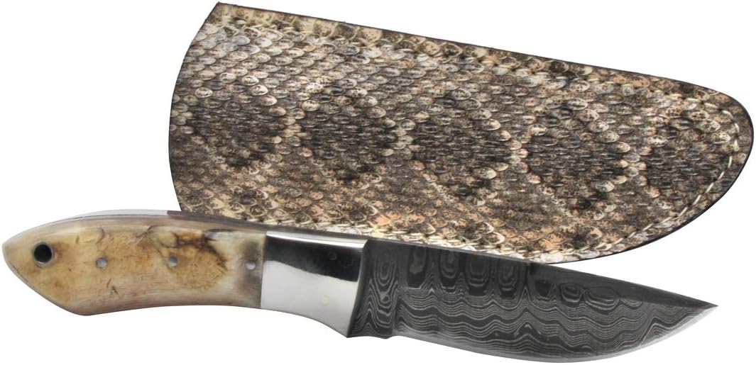 TG,LLC Treasure Gurus Ram Horn Handle Full Tang Damascus Steel Blade Hunting Knife Rattlesnake Skin Sheath