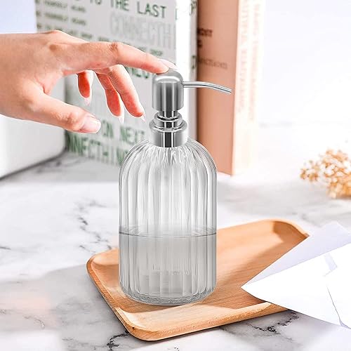 Miniatura 4 de Dispensador de jabón de vidrio de 14 onzas con bomba de acero inoxidable 304 a prueba de óxido, dispensador de jabón líquido de mano recargable para