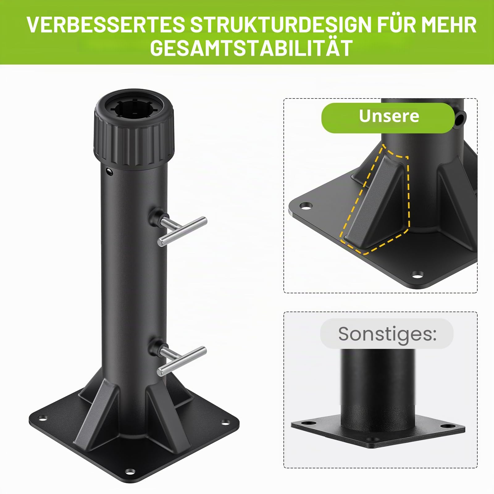 Robuster Sockel für Terrassenschirmständer, Außendeckhalterung für Stangen bis zu 2 Zoll, vollständig verschweißt, 4 Feste Hülsen, winddichtes Design für Terrasse, Balkon, Poolrand, Garten