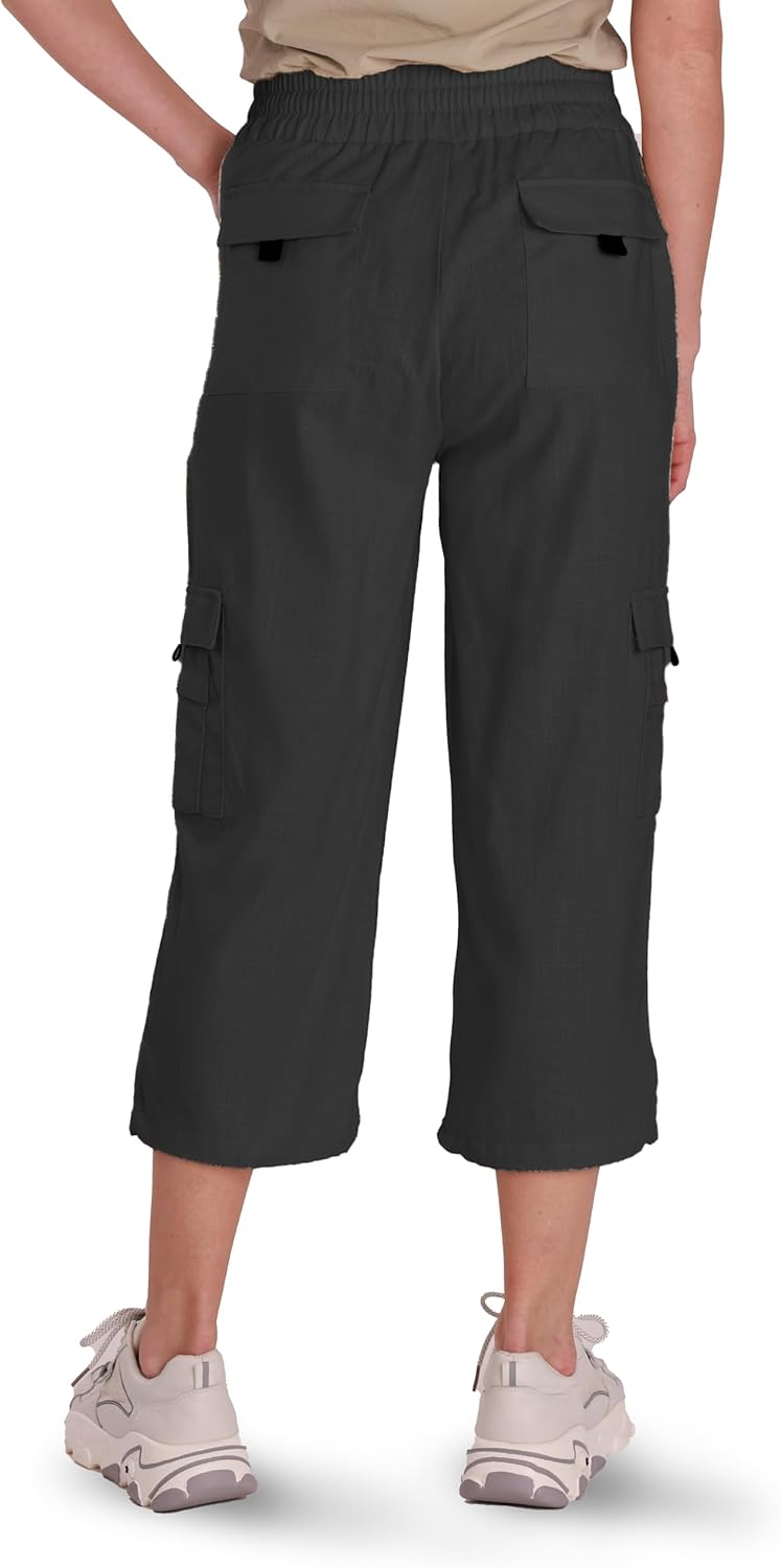 LIFOMO Womens Capri Cargo Pants for Summer Casual Linen Hiking Pants Travel Lightweight Comfy Drawstring Outdoor with Pockets, Black, L