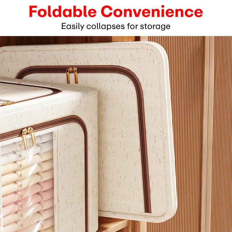 Image of PRIME PICK Storage Box & Cloth Organiser clothes organizer cotton linen Wardrobe Organizer for Storage Foldable Washable Box with Lid Metal Frame & Handles Ideal for Almirah Drawer