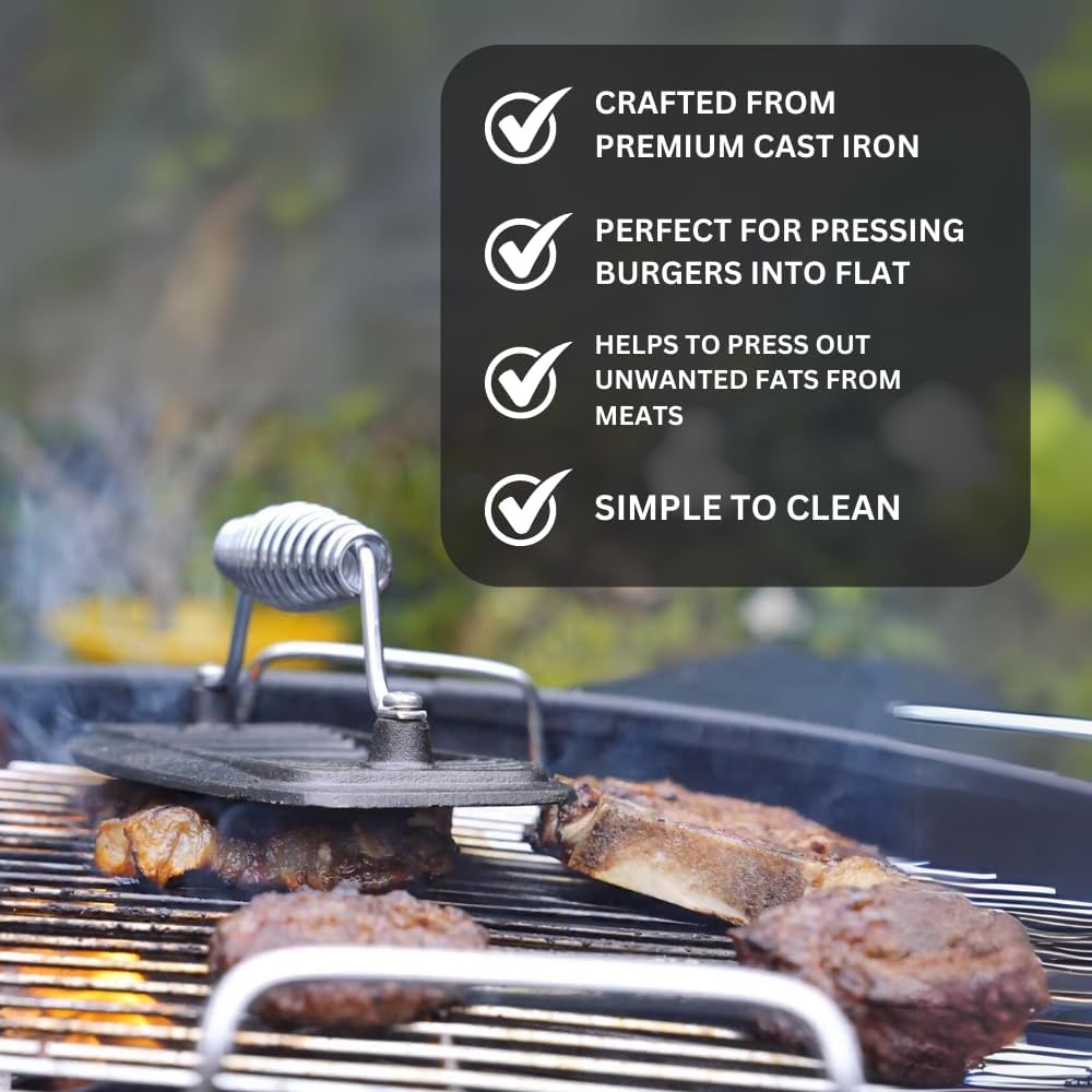 BBQ Dragon Cast Iron Grill Press – Heavy Duty 2.9 lb Burger, Bacon & Panini Press – Pre Seasoned for Grilling Steaks, Meats & Sandwiches – Reduces Grease for Healthier Cooking