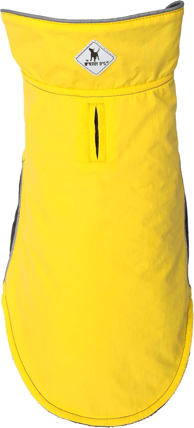 THE WORTHY DOG Apex Dog Jacket – Water-Resistant, Fleece-Lined, Adjustable Fit with Reflective Trim & Harness Hole – Three-Season Pet Coat, Machine Washable - Yellow, 14