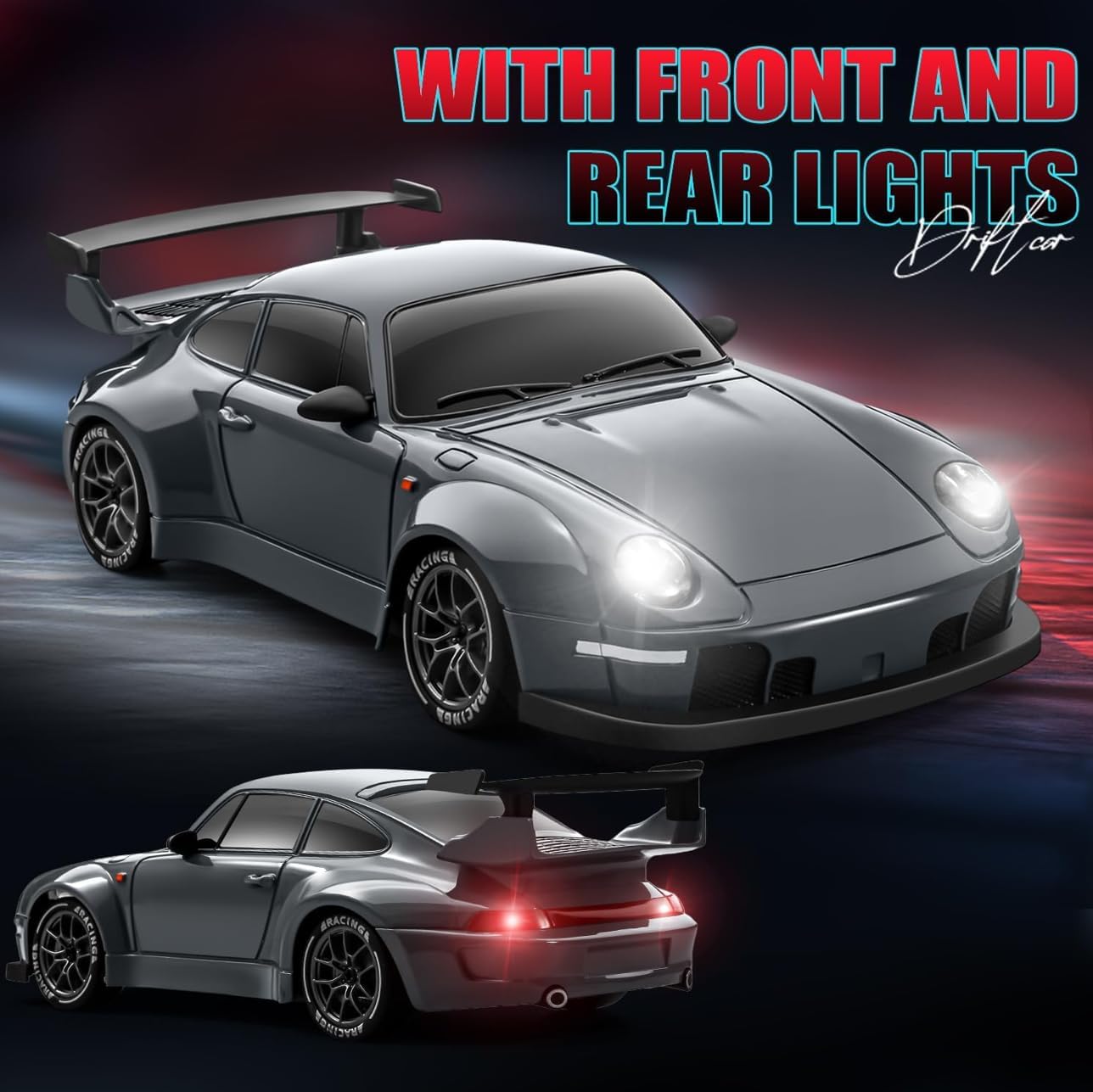RC Drift Car, 1:24 Scale Remote Control Vehicle with LED Lights, 2.4GHz 20KM/H 4WD High Speed RC Cars, Drifting Tires＆Two Batteries. (Dark-Gray)