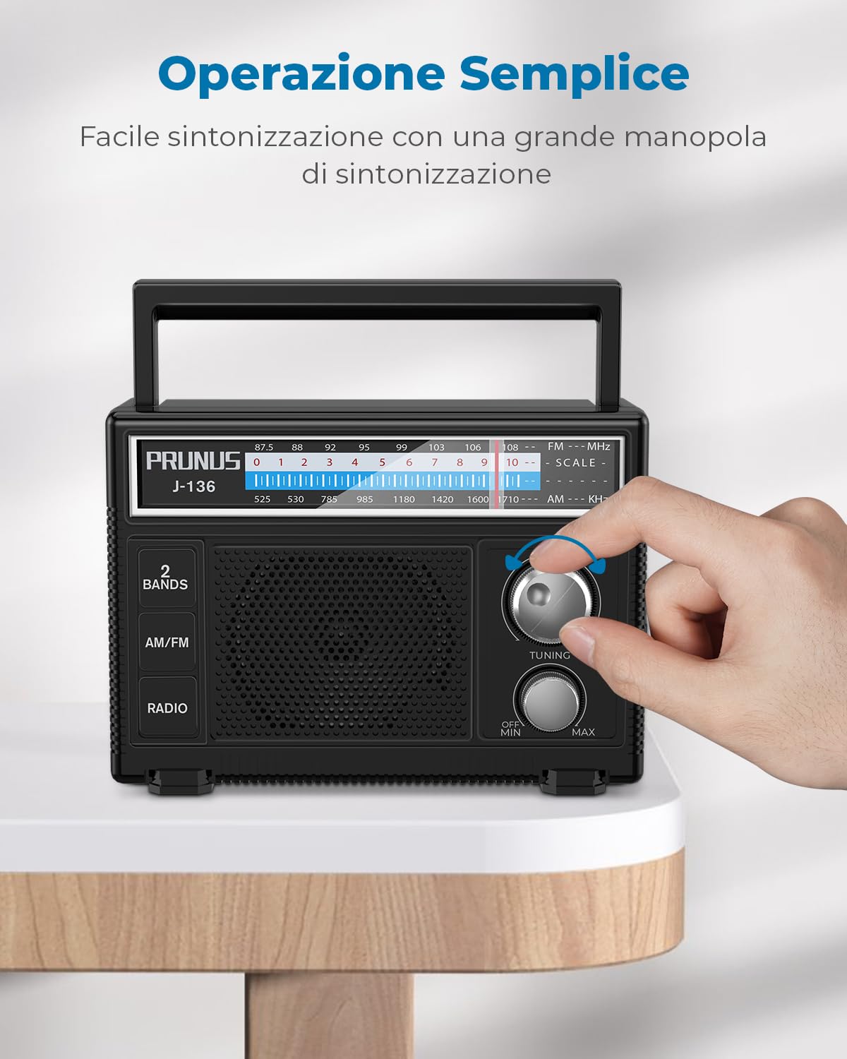 PRUNUS J-136 Radio Portatile AM/FM, Alimentazione Batterie o CA, Jack AUX/Microfono, Nero