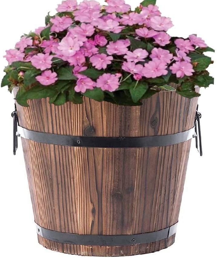 AJ Rustic Wooden Solid Burntwood Barrel Pot Planter, Outdoor Large Flower Pot, Round Box, Hand Crafted, 38 x 30cm
