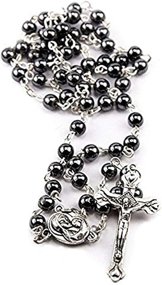 Hematite Rosary Black Stone Beads Necklace with Jerusalem Holy Soil & Cross