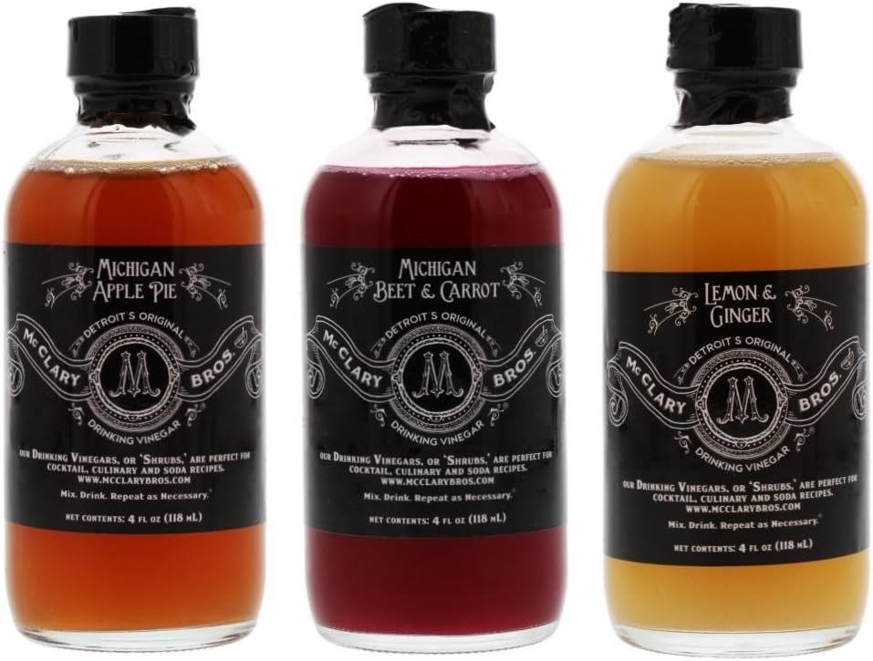 McClary Bros- 3 Bottle Drinking Vinegar Sampler: One 4oz bottle of Michigan Apple Pie & One 4oz bottle of Michigan Beet & Carrot and One 4oz bottle of Lemon & Ginger