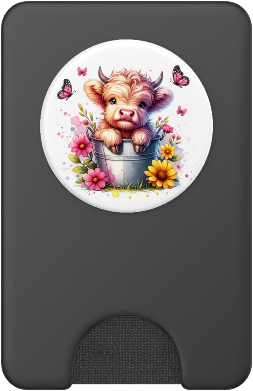 Cute Baby Highland Cow Calf Flowers Graphic PopSockets PopWallet for MagSafe